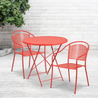 Flash Furniture CO-30RDF-03CHR2-RED-GG 30" Round Steel Folding Patio Table Set with 2 Round Back Chairs in Coral